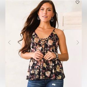 A. Peach Floral Chiffon Babydoll Tank Top.